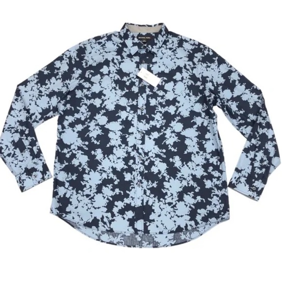 Michael Kors Blue Chambray Button Down Long Sleeve Spring Leaf Print Shirt NWT M - Picture 1 of 16